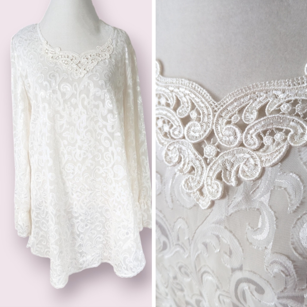 Vintage Sheer Tunic White Baroque Oversized Bell Sleeve Lace Trim Long Sleeve